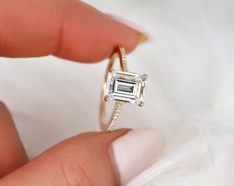 2.60ct Beverly 9x7mm 14kt Gold Moissanite Diamond Emerald Cut Solitaire Ring,Emerald Solitaire Ring,Emerald Engagement Ring,Anniversary Gift