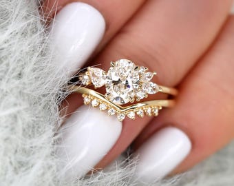 1ct Wisteria & Lonnie 14kt Gold Diamond Cluster Bridal Set,Art Deco Floral Engagement Ring Set,Unique Oval Cut Wedding Ring,Push Present