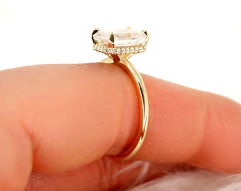 2.60ct LOW Tiana 9x7mm 14kt Gold Moissanite Diamond Hidden Halo Emerald Cut Ring,Emerald Engagement Ring,Secret Halo Ring,Anniversary Gift