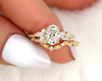 1kt blauweregen en Mega Gaia 14kt diamantcluster bruidsset, art deco bloemen verlovingsring set, unieke ovaal geslepen trouwringen, jubileumring