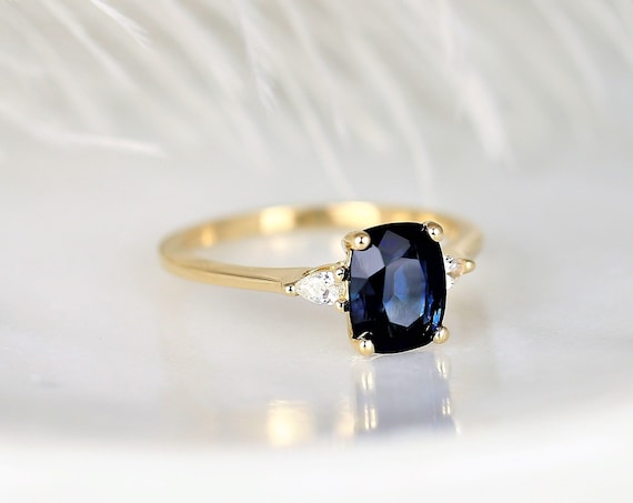 1.92ct Ready to Ship Petite Ellis 14kt Gold Ocean Teal Sapphire Diamond Pear 3 Stone Elongated Cushion Engagement Ring