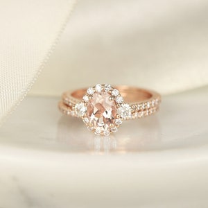 Bridgette 8x6mm 14kt Gold Morganite Diamond Unique Halo Bridal Set,Morganite Engagement Ring Set,Morganite Halo Ring,Unique Wedding Ring