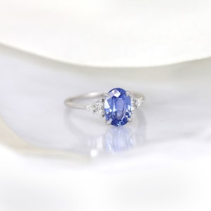 2.49ct Ready to Ship Petite Thea 14kt White Gold Cornflower Blue Sapphire Diamond 3 Stone Oval Ring,Unique Cluster Ring,September Birthstone