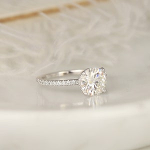 2ct EXTRA LOW Vanessa 8mm 14kt White Gold Moissanite Diamond Minimalist Scarf Pave Halo Round Engagement Ring