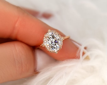 2ct Mae 9x7mm 14kt WITHOUT Milgrain Moissanite Diamond Oval Halo Ring,Art Deco Ring,Vintage Wedding Ring,Unique Engagement Ring,Gift for Her