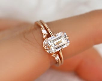 1.75ct Ruth 8x6mm & Azalea 14kt Moissanite Emerald Cut Solitaire Bridal Set,Minimalist Emerald Wedding Set,Unique Emerald Engagement Ring