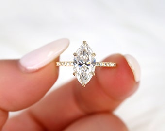 2.80ct LOW Velma 14x7mm 14kt Moissanite Marquise Hidden Halo Ring,Minimalist Marquise Ring,Unique Marquise Engagement Ring,Secret Halo Ring