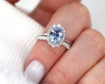 2.42cts Ready to Ship Electra 14kt White Gold Cornflower Blue Sapphire Diamond Oval Halo Bridal Set,Unique Oval Halo Ring,Anniversary Gift