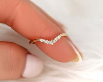Anillo de anidación de diamantes de oro Rhae de 14kt, anillo de apilamiento de diamantes, anillo curvado de la naturaleza, anillo de boda único, regalo para ella, anillo de aniversario, anillo único