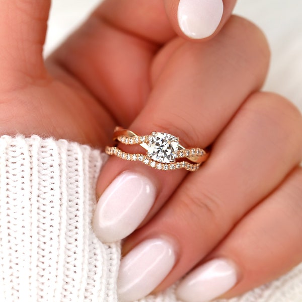 1ct Tressa 6mm 14kt Moissanite Diamond Petite Twisted Vine Cushion Bridal Set,Cushion Engagement Ring,Cushion Cut Ring,Wedding Ring Set