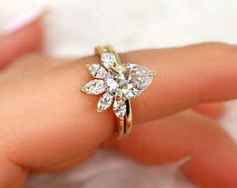 2ct Winnie 10x7mm & Cardi 14kt Moissanite Pear Hidden Halo Bridal Set,Pear Wedding Ring Set,Pear Engagement Ring,Hidden Halo Ring Set
