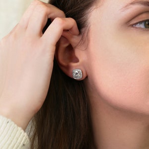 Rheine 14kt Gold  Moissanite Diamonds Cushion Halo Stud Earrings,Cushion Studs, Art Deco Earrings,Anniversary Gift,Gift For Her