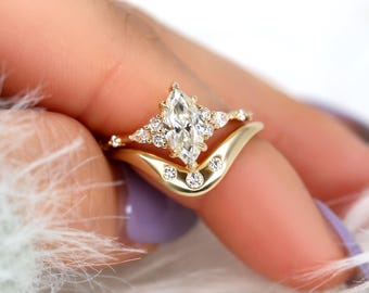 1ct Astrid & Tetra 14kt Gold Diamond Marquise Cluster Wedding Ring Set,Dainty Unique Art Deco Ring,Diamond Engagement Ring,Marquise Ring Set