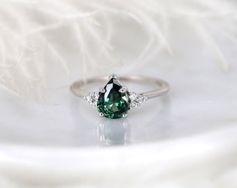 1.46ct listo para enviar Julieta 14kt oro blanco teal zafiro diamante Art Deco 3 anillo de racimo de pera de piedra, anillo de compromiso de zafiro, anillo de pera