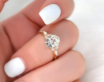 2ct Genesis 9x7mm 14kt Gold Moissanite Diamond Marquise 3 Stone Oval Engagement Ring,Unique Oval Cluster Ring,Dainty Oval Ring,Gift For Her
