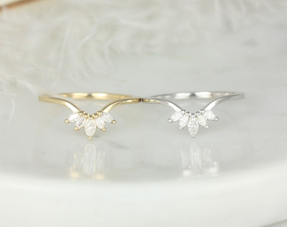 Crystal 14kt Solid Gold Moissanite Marquise Dainty Chevron Tiara Crown Curved Unique Nesting Ring,Stacking Ring