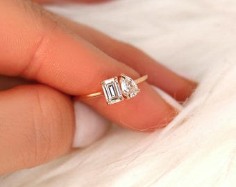 1ct Géminis 6x4mm + 6x4mm 14kt Oro Moissanite Toi Et Moi Anillo, Anillo de compromiso de dos piedras, Anillo de promesa, Anillo de aniversario, Anillo único