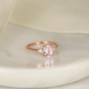 1.40ct Ready to Ship Petite Ellis 14kt Rose Gold Blush Peach Sapphire Diamond Minimalist 3 Stone Pear Cushion Engagement Ring