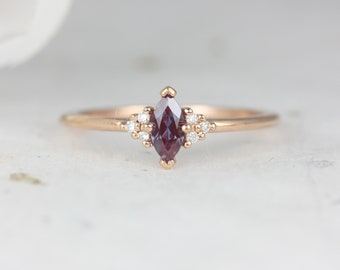 Charlie 6x3mm 14kt Rose Gold Alexandrite Sapphire Dainty Marquise Cluster 3 Stone Stack Ring,Pinky Ring,June Birthstone