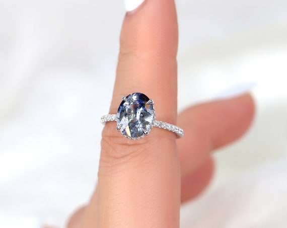 3.77ct Ready to Ship Low Viviana 14kt White Gold Tsunami Galaxy Blue Sapphire Oval Scarf Halo Ring,Unique Sapphire Ring,Dainty Oval Ring