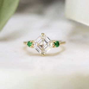 2.20cts Maxine 8mm 14kt Gold Forever One Moissanite Green Emerald Dainty 3 Stone Asscher Engagement Ring