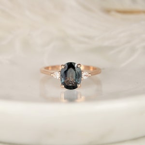 1.58cts Ready to Ship Petite Emery 14kt Rose Gold Ocean Blue Teal Sapphire Diamond Pear 3 Stone Oval Engagement Ring