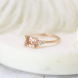 Saint 8x6mm 14kt Rose Gold Morganite Moissanite Dainty Unique East West Horizontal 3 Stone Emerald Engagement Ring