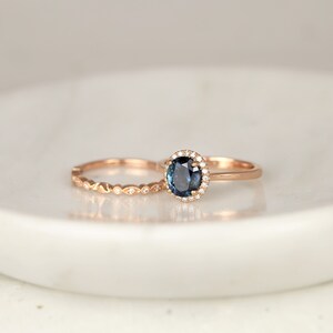 2.33ct Ready to Ship Molly & Gwen 14kt Rose Gold Ocean Blue Teal Sapphire Diamond Art Deco Oval Halo Bridal Set