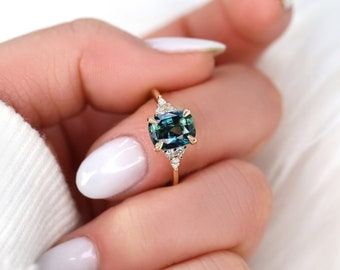 2.68ct Ready to Ship Petite Tinsley 14kt Gold Peacock Teal Sapphire Diamond 3 Stone Cushion Ring,Unique Cluster Ring,Anniversary Gift