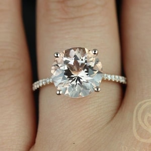 Eloise 10mm 14kt Rose Gold Morganite Diamonds Pave Dainty Cathedral Round Solitaire Engagement Ring image 1