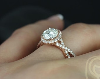 1.25ct Gabi 7mm 14kt Rose Gold Moissanite Diamond Pave Twist Round Halo Engagement Ring,Crossover Wedding Ring,Anniversary Gift