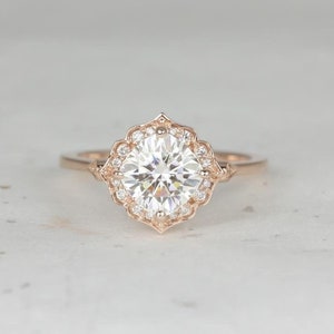 1.70ct Lily 7mm 14kt Rose Gold Moissanite Diamond WITHOUT Milgrain Art Deco Kite Set Cushion Halo Engagement Ring,Unique Ring