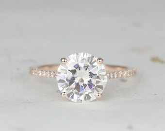 2.70ct Eloise 9mm 14kt Rose Gold Moissanite Diamond Minimalist Pave Cathedral Round Solitaire Accent Engagement Ring