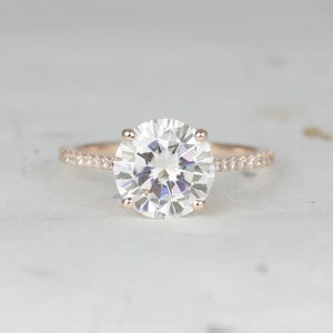 2.70ct Eloise 9mm 14kt Rose Gold Moissanite Diamond Minimalist Pave Cathedral Round Solitaire Accent Engagement Ring