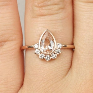Oana 8x5mm 14kt Gold Morganite Diamonds Bezel Crescent Sunrays Half Pear Halo Unique Engagement Ring image 4