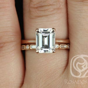 Skinny Norma 9x7mm & Ivanna 14kt Rose Gold Emerald Moissanite Diamond Cathedral Bridal Set