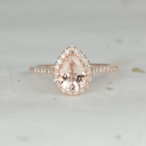 Tabitha 8x6mm 14kt Rose Gold Morganite Diamond Dainty Pave Pear Halo Ring,Pear Morganite Engagement Ring,Morganite Halo Ring