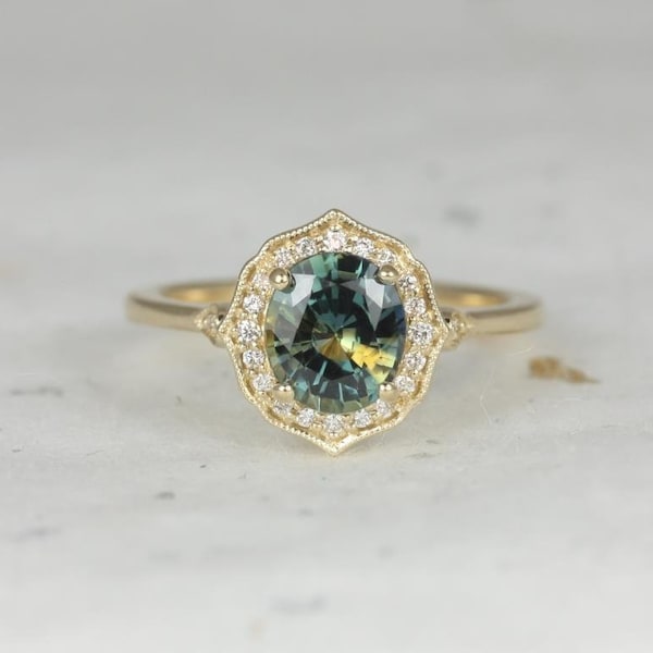 1.69ct Ready to Ship Mae 14kt Gold Oval Lightning Ocean Teal Sapphire Diamond Oval Halo WITH Milgrain Engagement Ring