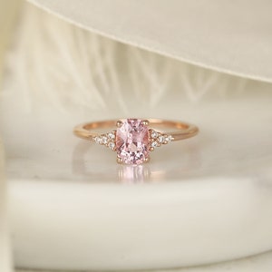 1.35ct Ready to Ship Marlow 14kt Rose Gold Blush Peach Sapphire Diamond Dainty Elongated Cushion Cluster 3 Stone Ring