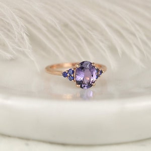 2.01ct Ready to Ship Juniper 14kt Rose Gold Violet Purple Blue Sapphire Art Deco Cluster 3 Stone Oval Unique Ring