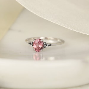 0.96ct Ready to Ship Maddy 14kt White Gold Padparadscha Raspberry Red Sapphire Black Diamond Dainty Oval Cluster 3 Stone Ring