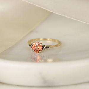 1.04ct Ready to Ship Malia 14kt Yellow Gold Flamed Tangerine Red Sapphire Black Diamonds Dainty Round 3 Stone Cluster Ring