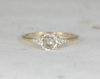 Ready to Ship Malia 6mm 14kt Yellow Gold Rose Cut Sapphire Diamonds Dainty Art Deco 3 Stone Cluster Round Ring