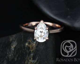 1.50ct Skinny Jane 9x6mm 14kt Rose Gold Forever One Moissanite Dainty Minimalist Cathedral Pear Solitaire Engagement Ring