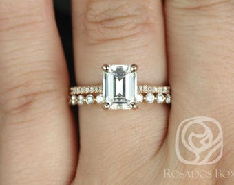 1.75ct Wilma 8x6mm & Petite Naomi 14kt Moissanite Diamond Emerald Solitaire Bridal Set,Emerald Cut Solitaire Ring,Emerald Engagement Ring