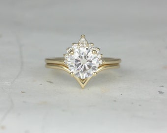 Kylie 8mm & Willow 14kt Yellow Gold Round Forever One Moissanite Diamonds Crescent Chevron Bridal Set