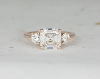 2.20cts Minah 8mm 14kt Rose Gold Forever One Moissanite Dainty Minimalist 3 Stone Asscher Engagement Ring