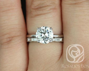 2ct Sandra 8mm & Rihani 14kt White Gold Forever One Moissanite Diamond Dainty Art Deco Round Solitaire Bridal Set
