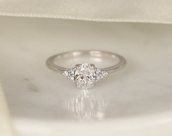 0.71ct Ready to Ship Juniper 14kt White Gold Diamond Art Deco Dainty Oval Cluster 3 Stone Engagement Ring