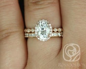 1.50ct Oval Forever One Moissanite Diamonds Art Deco Halo WITH Milgrain Wedding Set Rings,14kt Rose Gold,Gwen 8x6mm Gabriella,Rosados Box